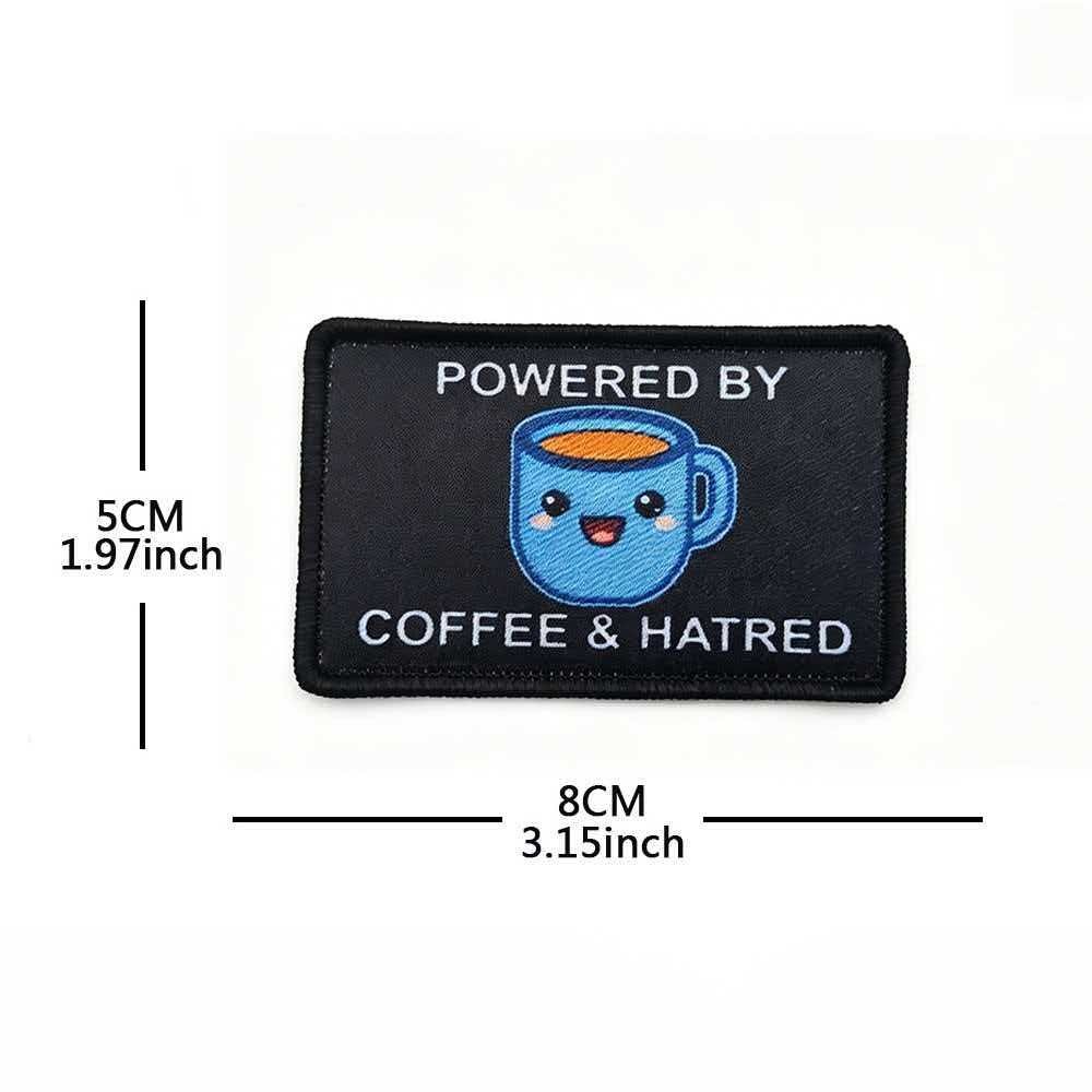Powered by coffee and hatred 2"x3" hook & loop patch Badge funny meme black blue