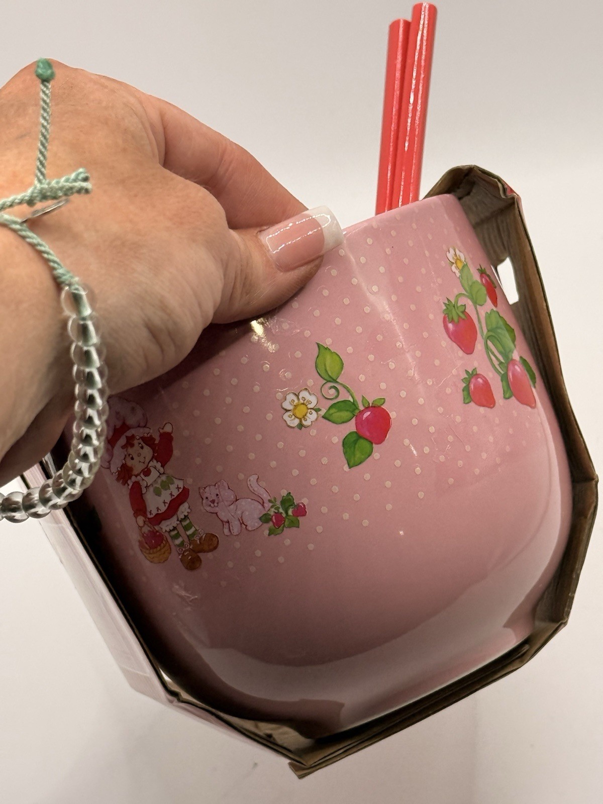 Strawberry Shortcake Pink Ramen Bowl 3piece Set Chopsticks & Spoon 🍓 New In Box