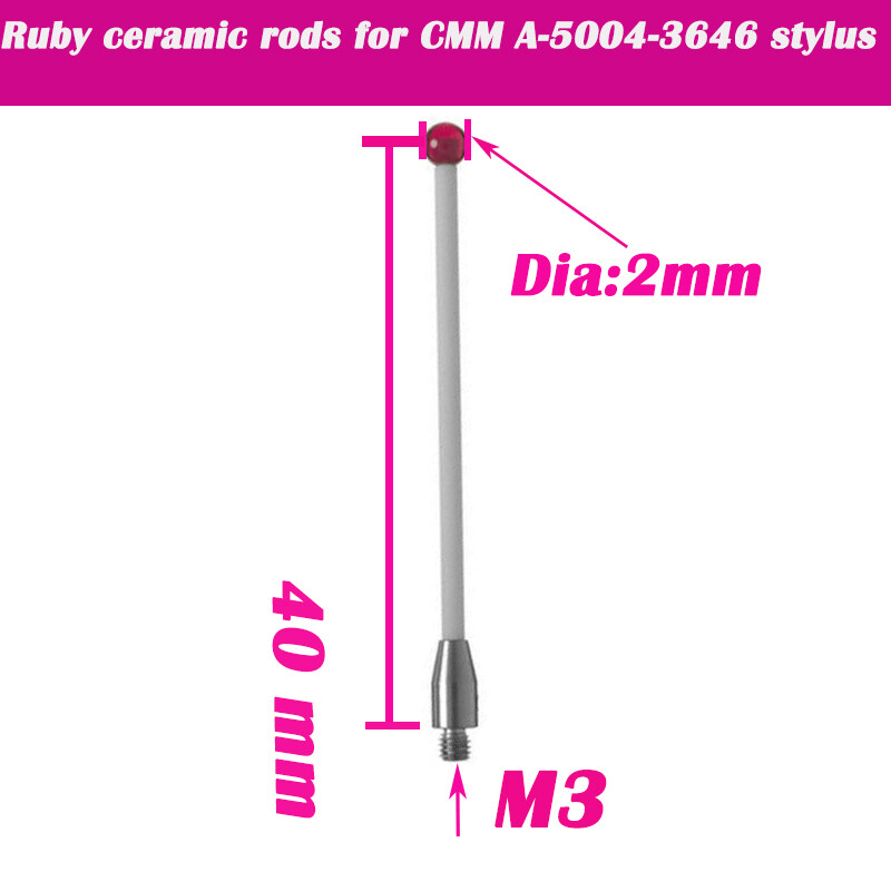 Thread Shank M3 CMM Touch Probe Styli 2mm Ruby Ball Ceramic Stem Length 40mm