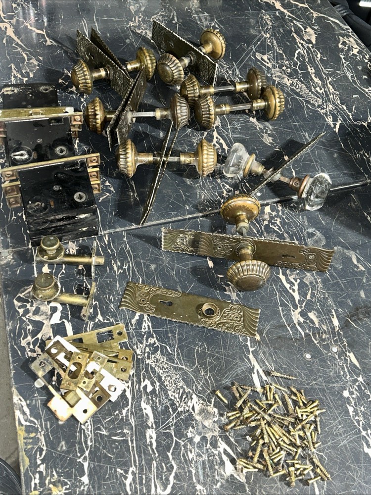 Antique Russell Erwin Hardware Knobs Mortise Plates Screws Set Thumb Lock...