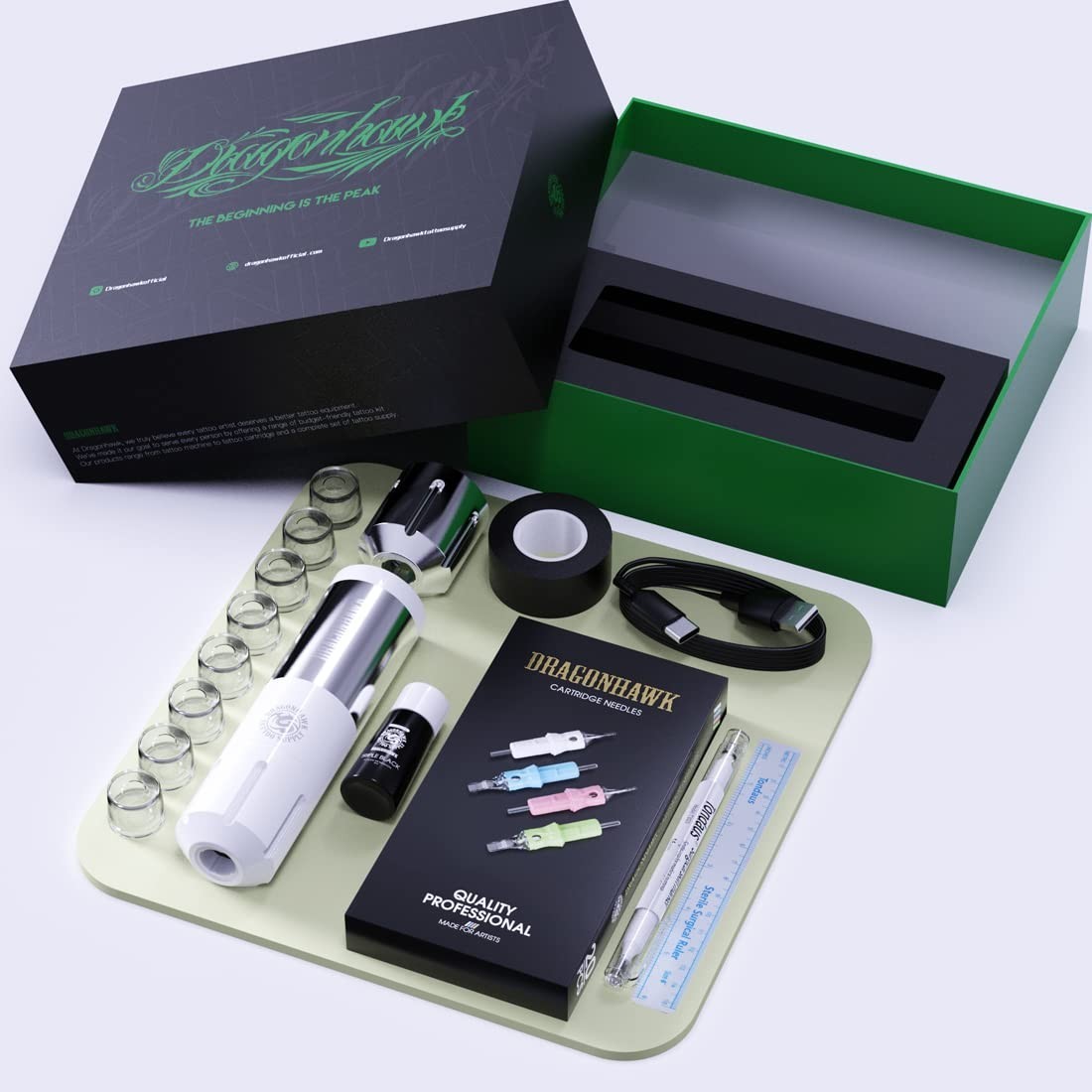 Dragonhawk Tattoo Kit Rotary Cordless S1 Plus Pen Gun Machine 10Pcs Cartridges