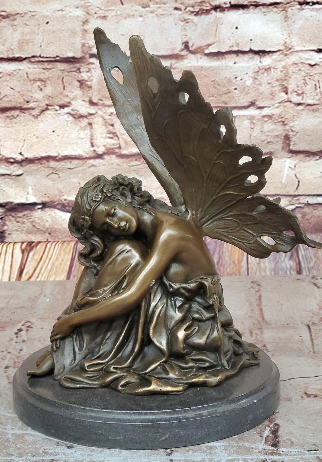 Bronze statue art nouveau garden fairy angel w/ wings. SIGNED Cesaro Artwork