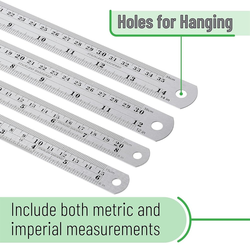 Professional Measuring Tools - 4 Stainless Steel Rulers with Conversion Table