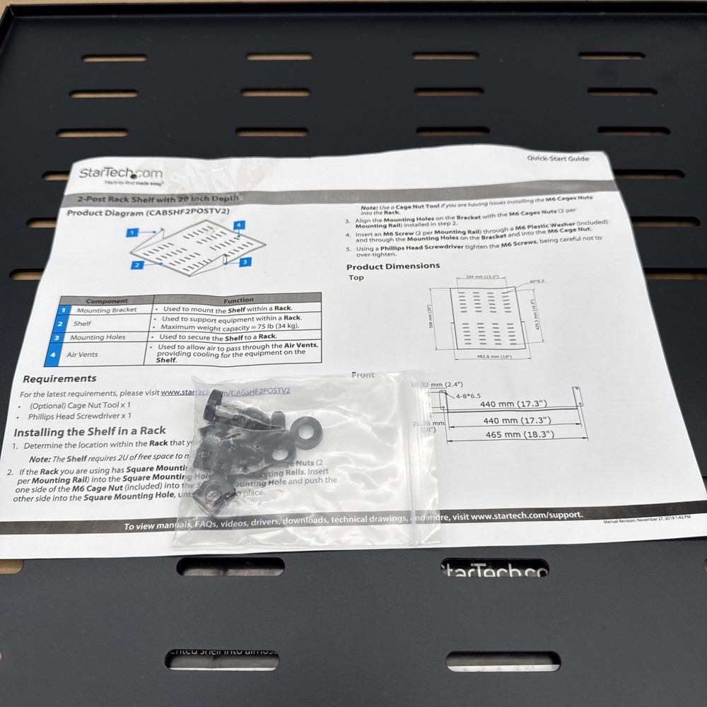 NEW StarTech 2 Post Vented Server Rack Shelf Mount Up to 75 lb. CABSHF2POSTV2