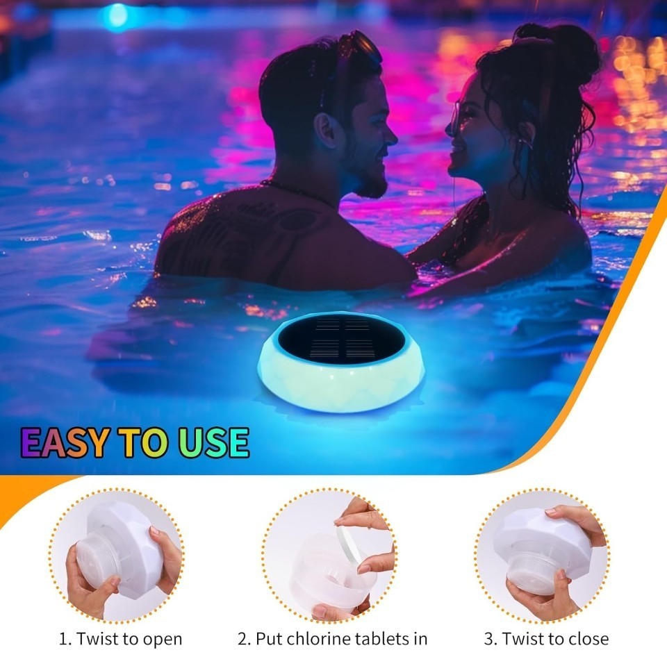 Floating Solar Pool Light With Chlorine Tablet Box Static Color Modes Remote