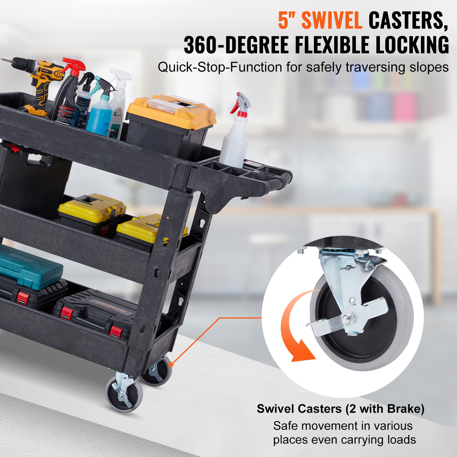 VEVOR Utility Service Cart 3 Shelf 550LBS 360° Swivel Wheels (2 with Brakes)