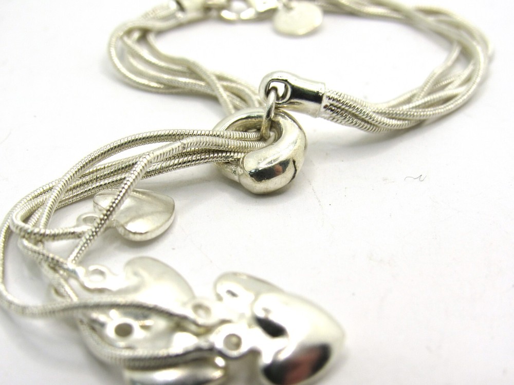 Unique 925 Sterling Silver Multiple Strand Loop Through Tassel Heart Bracelet
