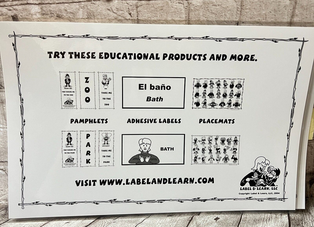 Label & Learning ASL Educational Placemat Kit:Basic/food/park/zoo -(New)
