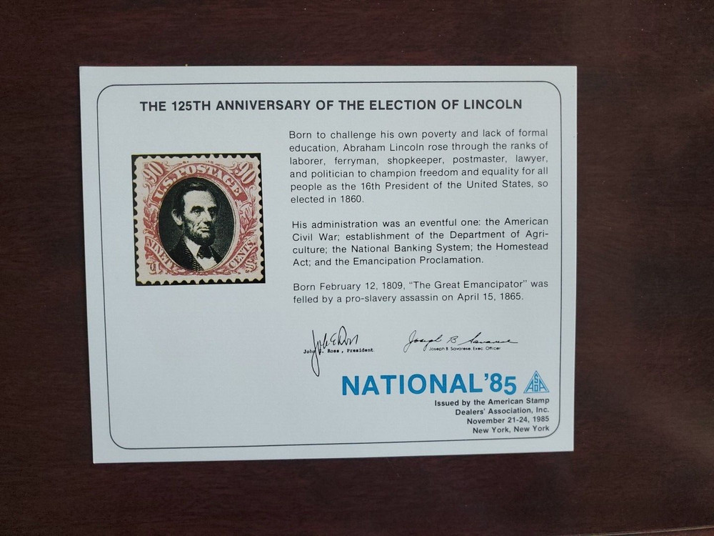 125th Anniversary Of The Election Of Lincoln. National 85.  Card.  #02 NAT85