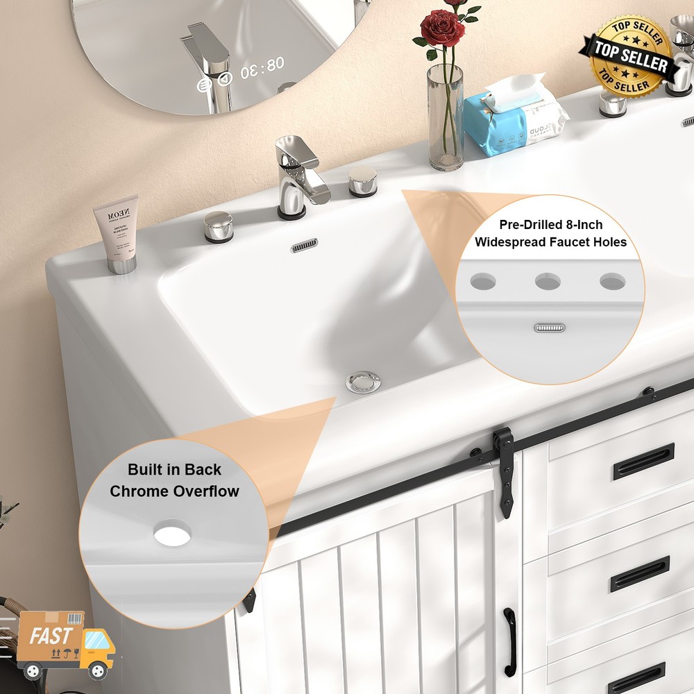 47" White Ceramic Vanity Top, Single Hole Rectangular Sink Basin w/ Faucet Hole