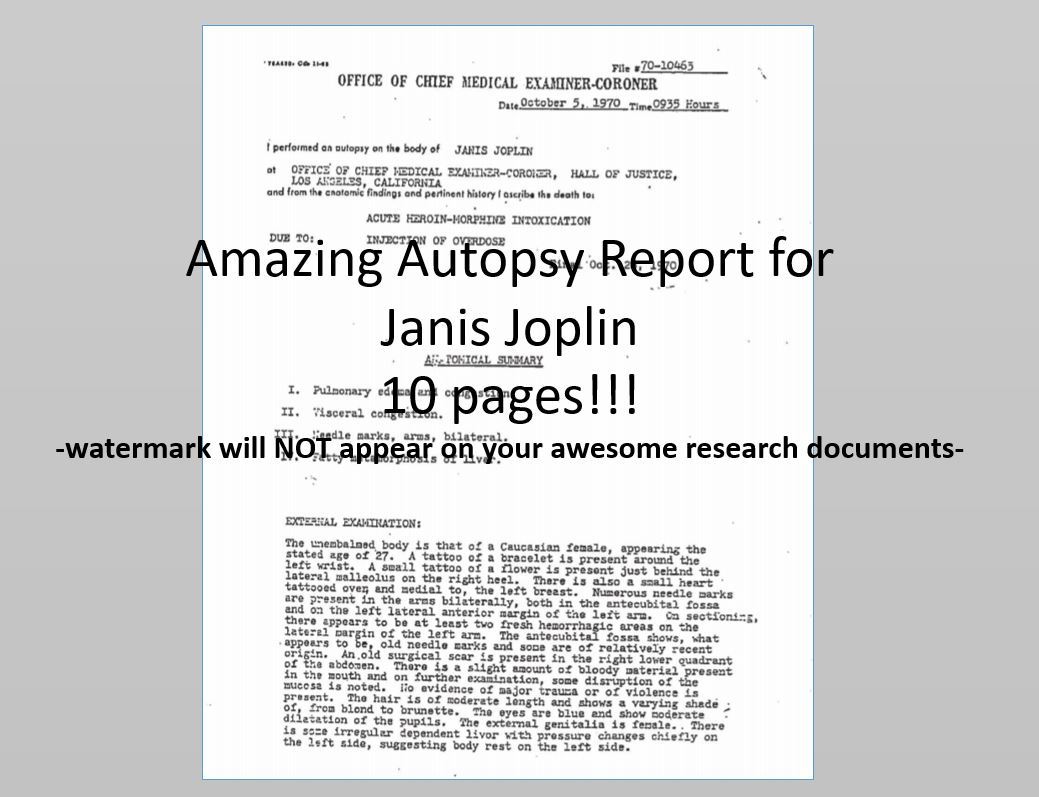 Janis Joplin AUTOPSY REPORT, Full Complete Coroner Death Report, 10pgs LA County