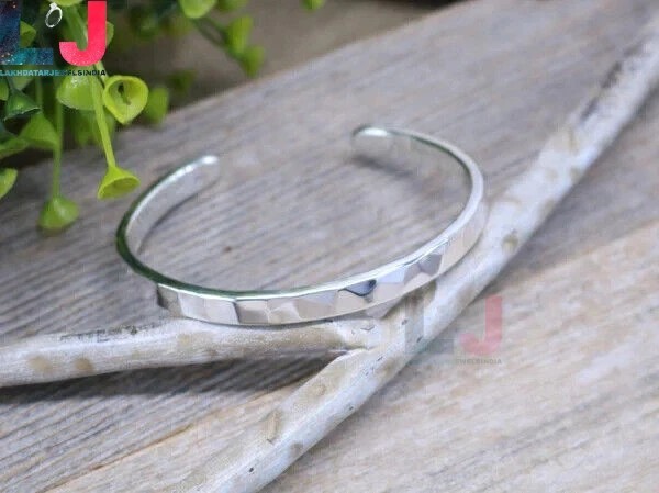 925 Sterling Silver Solid 4MM WideCuff Flat Hammered Bangle Bracelet Mens Bangle