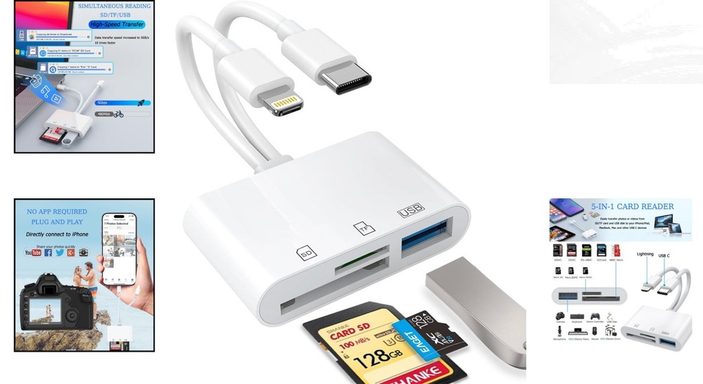 Lightning Dual Port SD Card Adapter - Efficient USB C Reader for iOS Devices