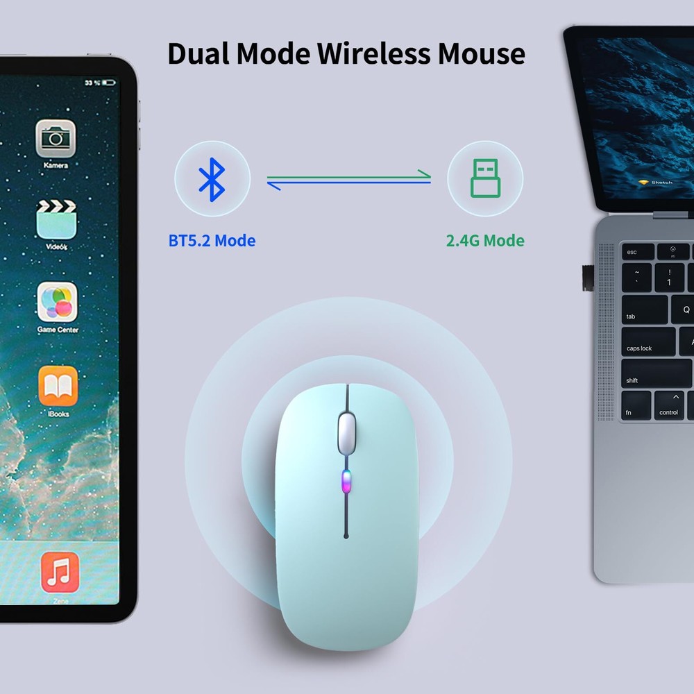 Wireless Bluetooth Mouse Rechargeable LED Dual Mode Mouse Bluetooth 5.2 and U...