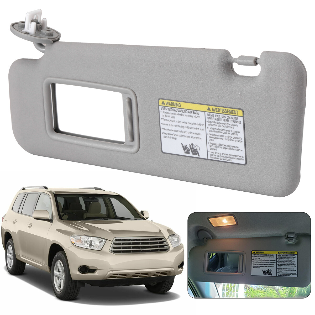 Gray Left Driver Side Sun Visor w/Mirror & Light For 2008-2013 Toyota Highlander