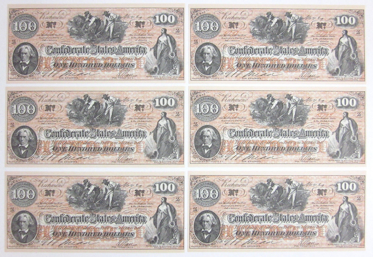 6 CONFEDERATE States $100 Dollar Bill Paper Money Note CIVIL WAR CSA FACSIMILE