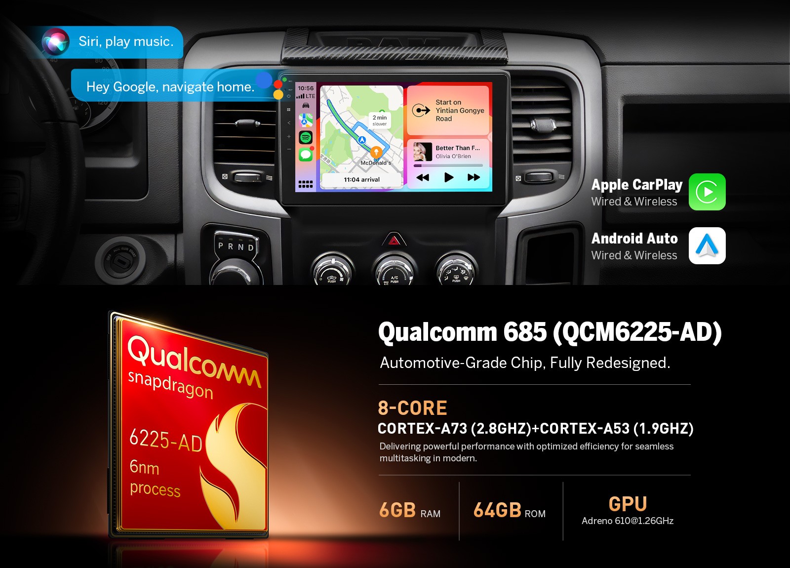 9 inch QLED 6+64 Android Car Stereo GPS Navigation for Ram 1500 2013-2018 4G LTE