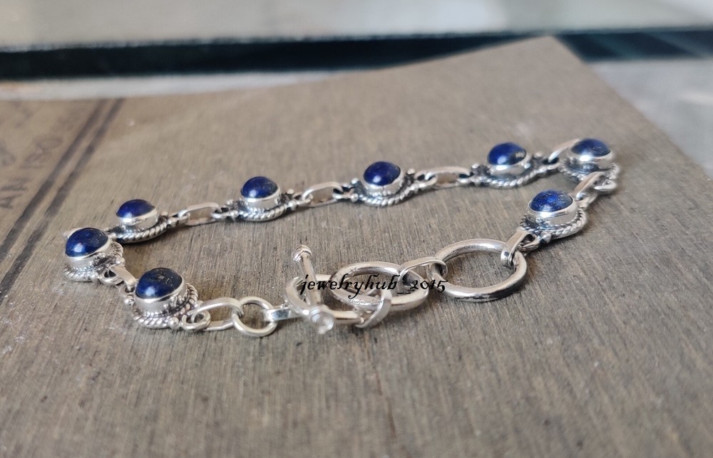 Lapis Lazuli Solid 925 Sterling Silver Round Gemstone Adjustable Bracelet SK1306