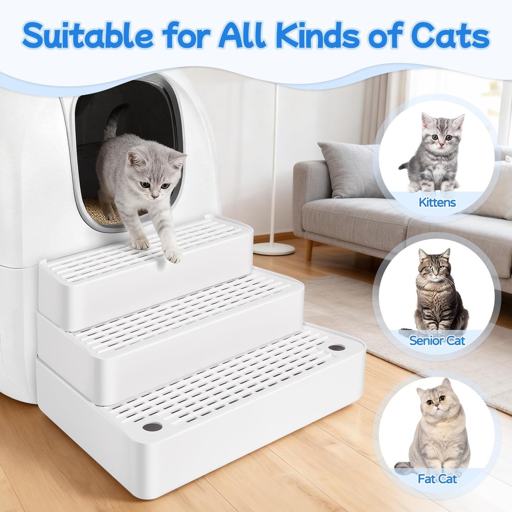 Bartuke Extra Large 3 Steps Cat Litter Box Ramp Adjustable with Filter and Easy