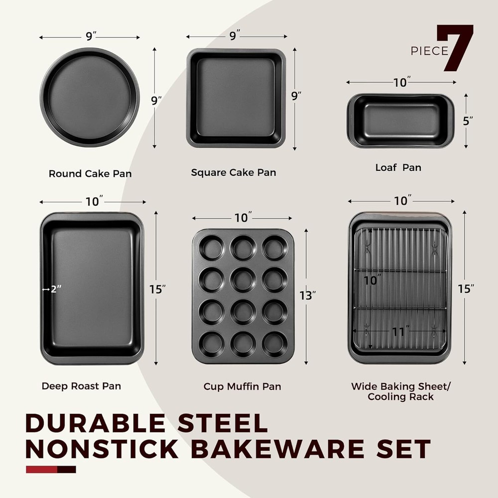 Baking Pans Sets, Nonstick Bakeware Sets 7-Piece with Round/Square Cake Pan