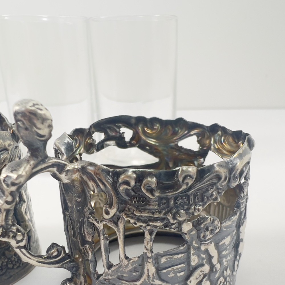 Antique 1903 WC Sterling William Comyns Repousse Tea Holders & Glass Inserts