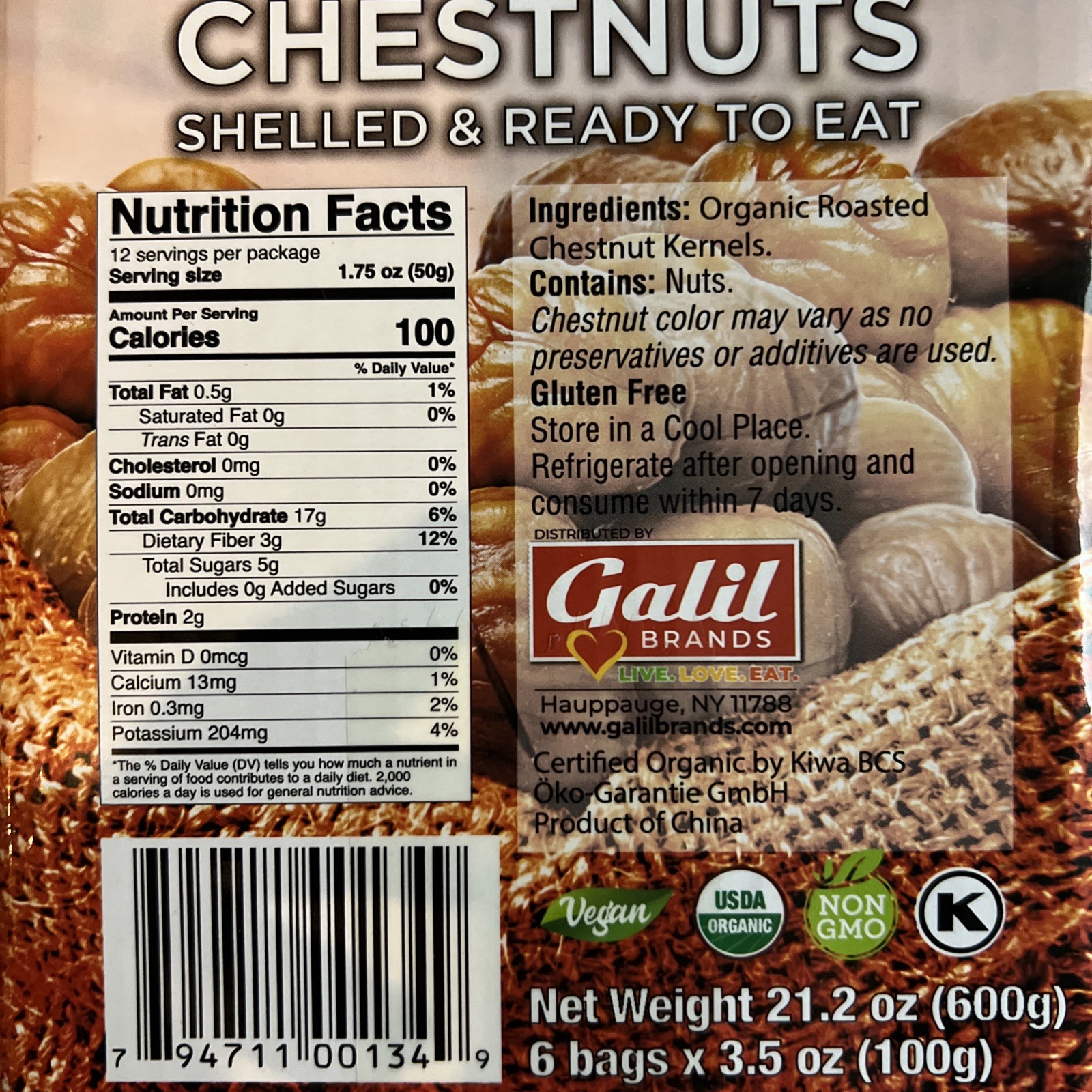 NEW GALIL ORGANIC CHESTNUTS ROASTED PEELED,SHELLED AND READY TO EAT 6 PACK 3.5oz