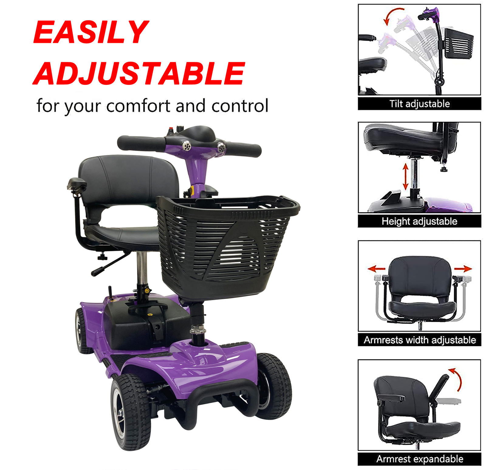 4 Wheel Mobility Scooter Folding Drive Device, Loading Capacity 265 lbs (Purple)