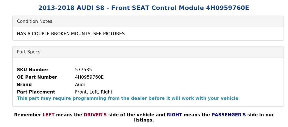2013-2018 AUDI S8 - Front SEAT Control Module 4H0959760E