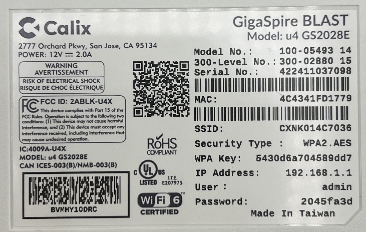 CALIX GIGASPIRE 100-05493 BLAST U4 WIRELESS ROUTER GS2028E