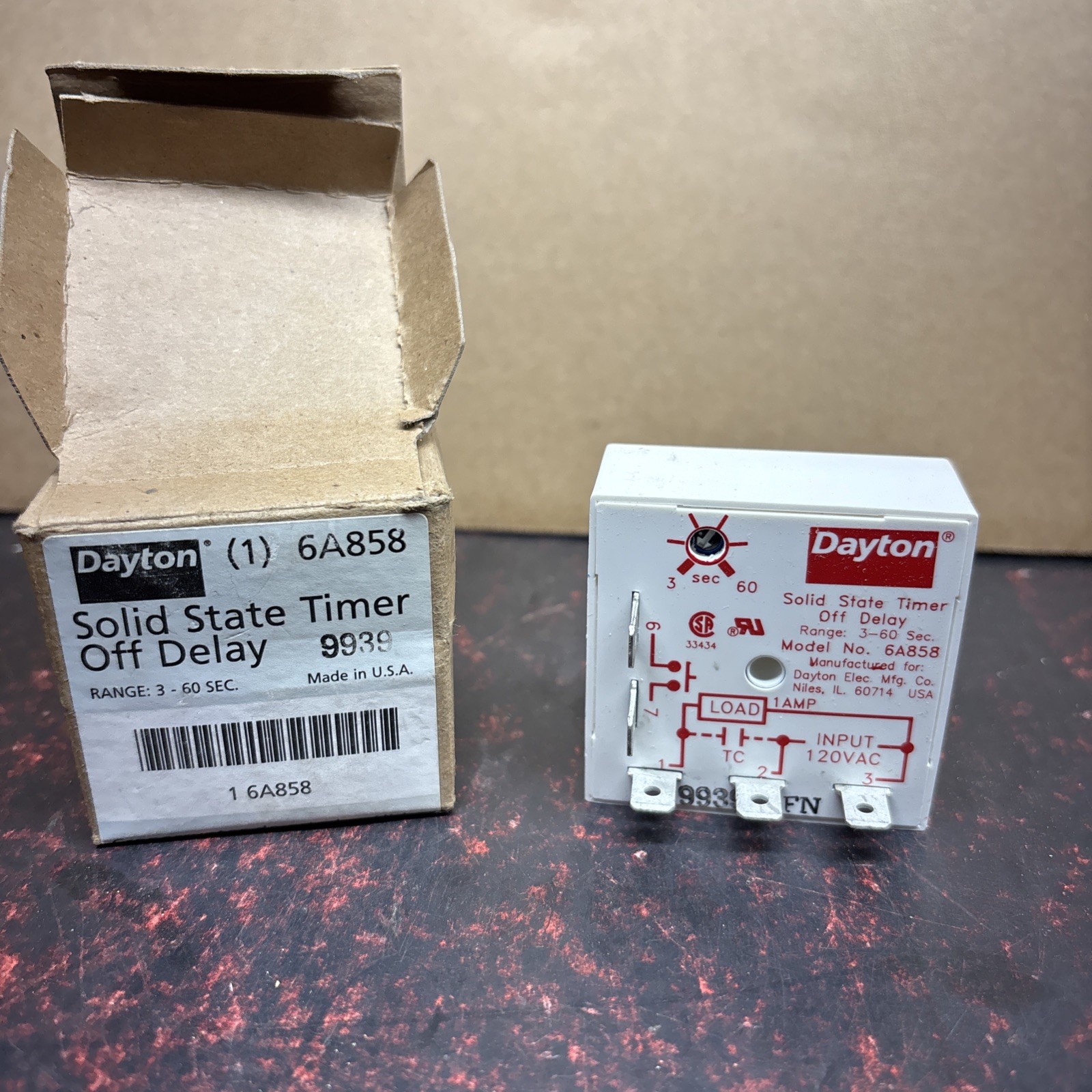 Dayton 6A858 Single Function Encapsulated Timing Relay, Square, Off Delay, 1