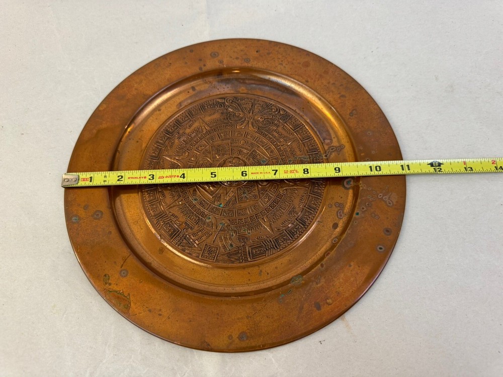 Vintage Solid Copper Embossed Mayan Aztec Inspired Round Wall Hang Plate 11"