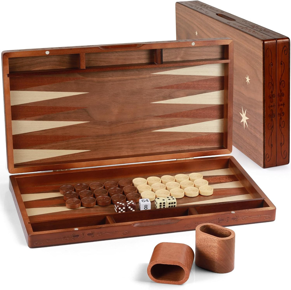 Handcrafted Wooden Backgammon Set, 16" Large Size, Classic Two-Player Strategy B