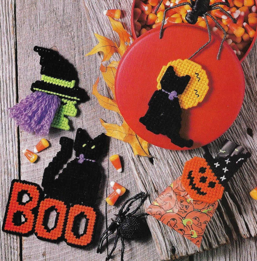 HAUNTING MAGNETS WITCH CAT PUMPKIN HALLOWEEN PLASTIC CANVAS PATTERN INSTRUCTIONS