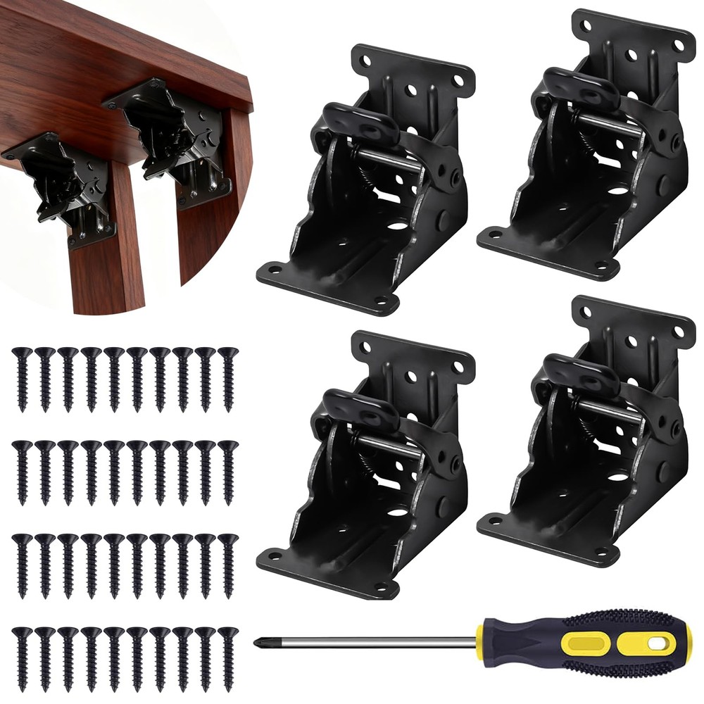 4 Pack Folding Table Leg Brackets with -Locking Hinges 0-90°, Folding Shelf B...