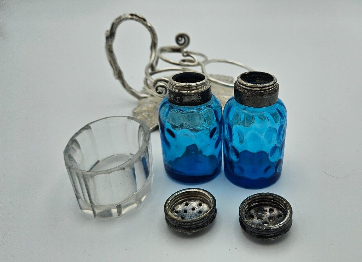 Antique sterling silver Hand-Made Stand w/Salt & Pepper Shakers & Salt Cellar