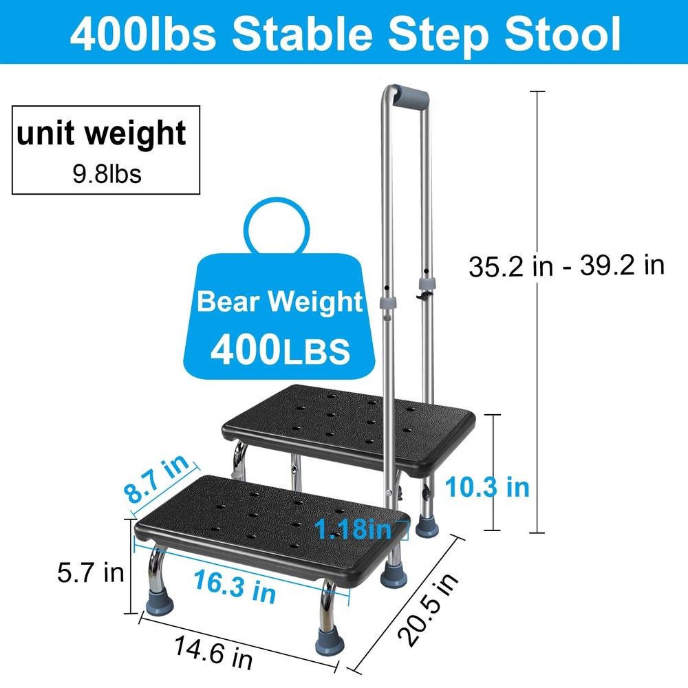 Step Stool with Handle, 400 lbs Adjustable 2 Steps Stool with Handrail for Ad...