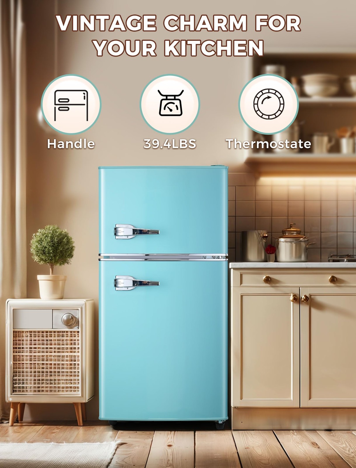 3.2 CuFt Retro Double Door Fridge Freezer 7 Temp Settings Blue