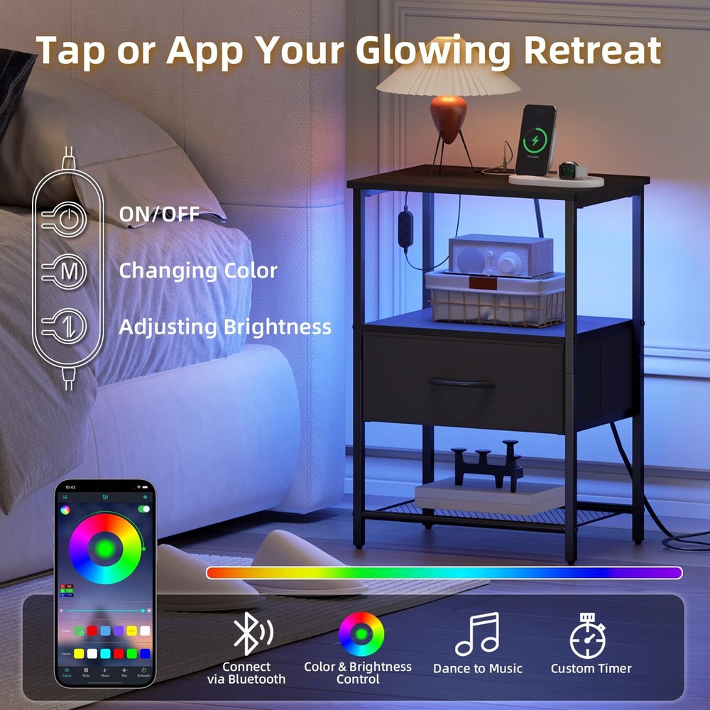Somdot Nightstand w/Charging Station & LED; Bedside Table