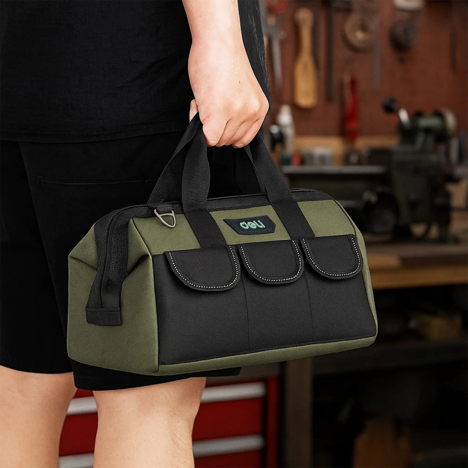 Deli 13 Inch Heavy Duty Contractor Tool Bag with Pockets Adjustable Strap, Red