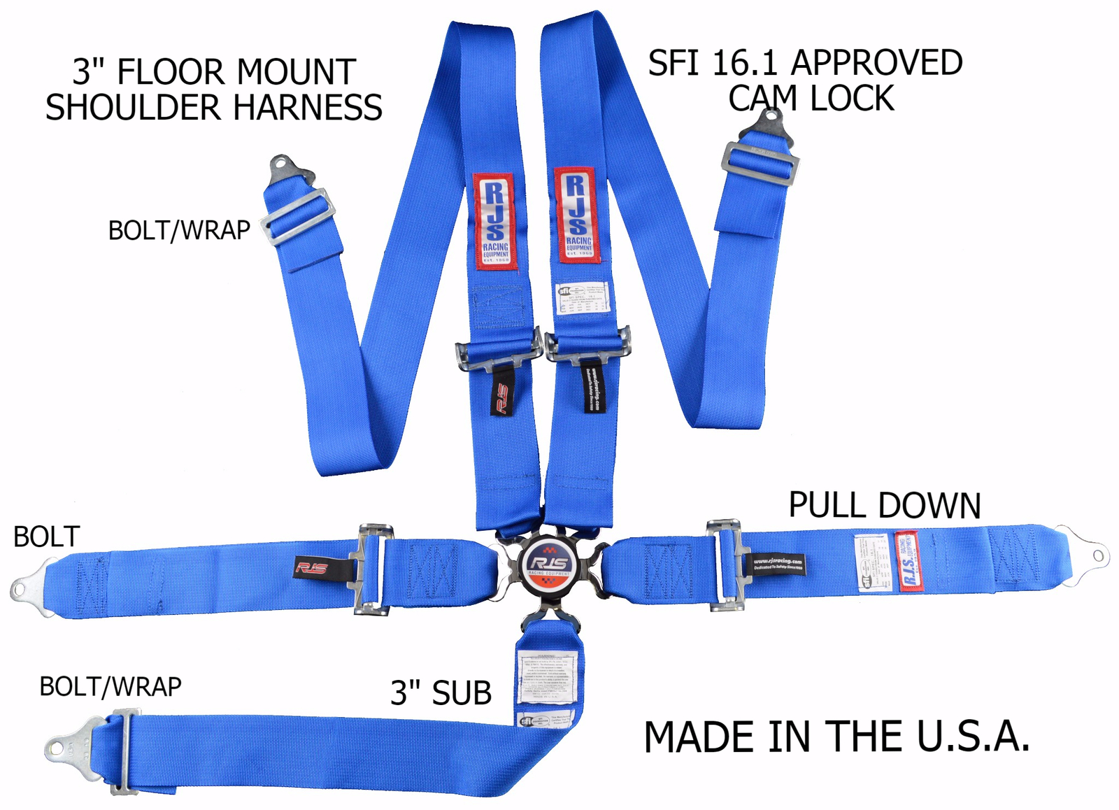 RJS RACING SFI 16.1 CAM LOCK 5 POINT SEAT BELT HARNESS FLOOR MOUNT BLUE 1034903