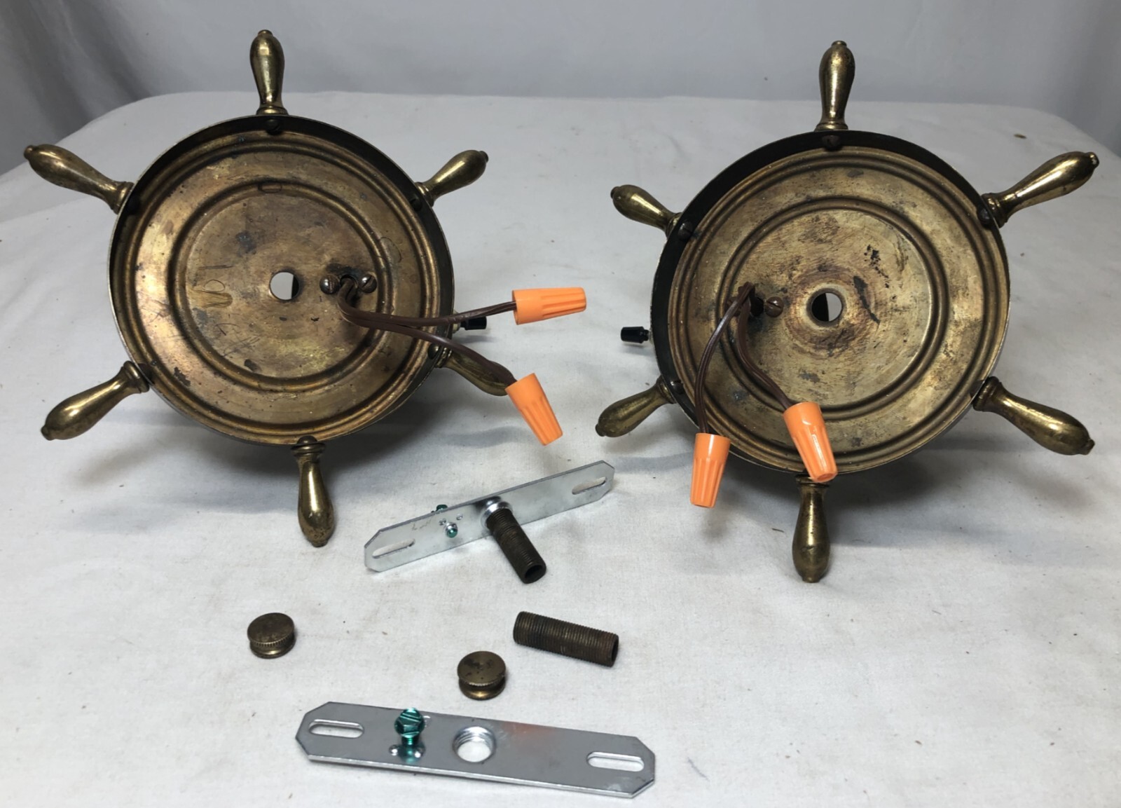 Vtg Nautical Wall Sconce Pair Ship Wheel Brass Light Fixture Art Wired USA #i30