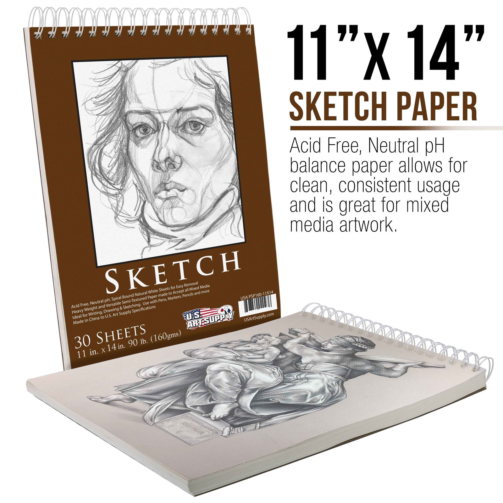 11" x 14" Heavy-Weight Paper Spiral Bound Sketch Pad 90lbs 30-Sheets (Pack of 2)