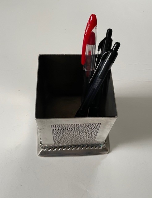 Open silver plate box; no mark, hammered sides, 3" square; desk accessory?