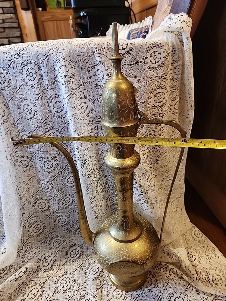 Large Etched Antique Middle Eastern Solid Brass Tea Coffee Pot Pitcher Vase 18IN