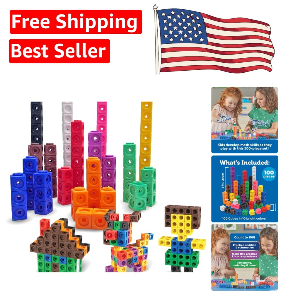 Durable MathLink Cubes: 100 Colorful Cubes for Creative Math Learning Ages 5+