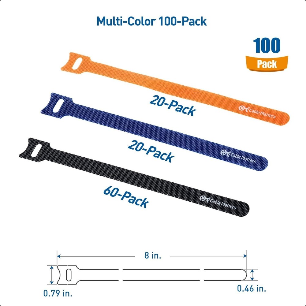 Cable Matters 100-Pack 8-inch Hook-and-Loop Reusable Wire Ties/Cable Ties with 4