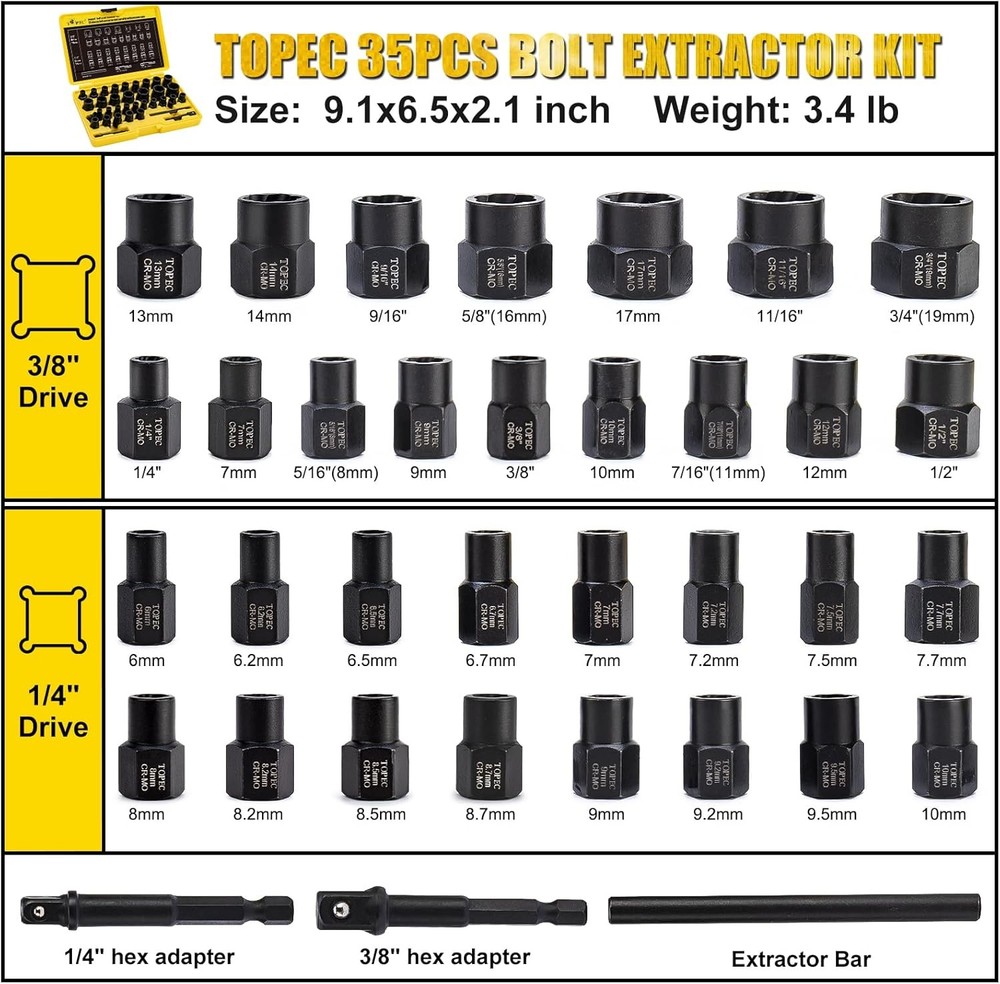 35pc Bolt Extractor Kit Impact Socket Set for Damaged Rusted Rounded Bolts