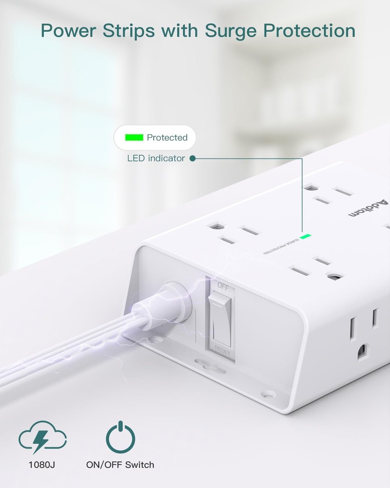 10FT Flat Plug Extension Cord with Multiple Outlets, Surge Protector Power St...