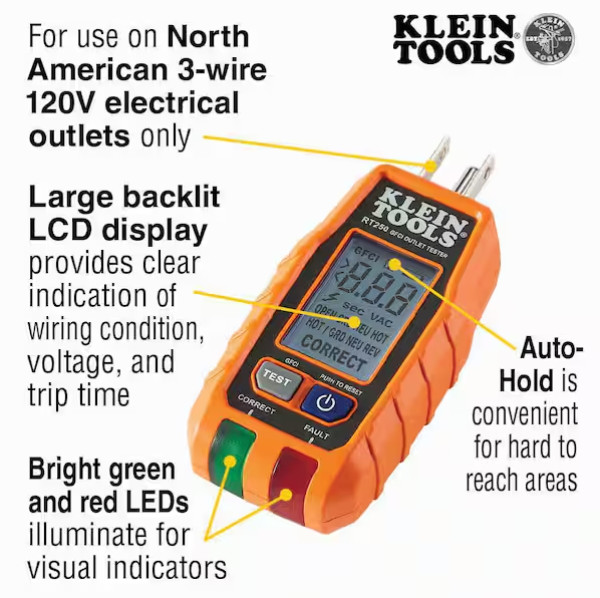 New !Klein Tools GFCI Electrical Outlet Tester with LCD Display, RT250