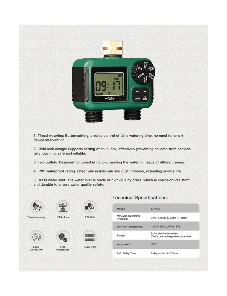 MOES 2 Outlet Sprinkler Timer, Brass Inlet, Programmable Automatic ... Fast Ship